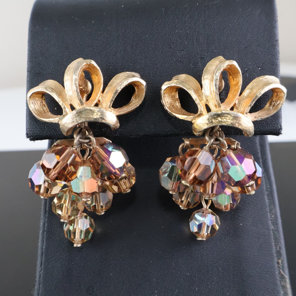 Vintage Gold Tone Bow AB Amber Crystal Cluster Dangle Clip On Earrings 1.5 Inch
